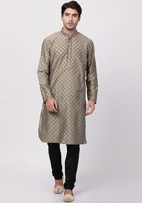 Beige Ethnic Motifs Poly Blend Kurta Set For Men