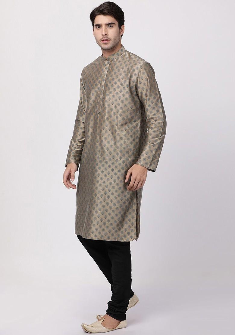 Beige Ethnic Motifs Poly Blend Kurta Set For Men