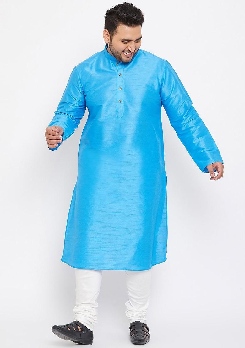 Blue Solid Poly Blend Kurta Set For Men