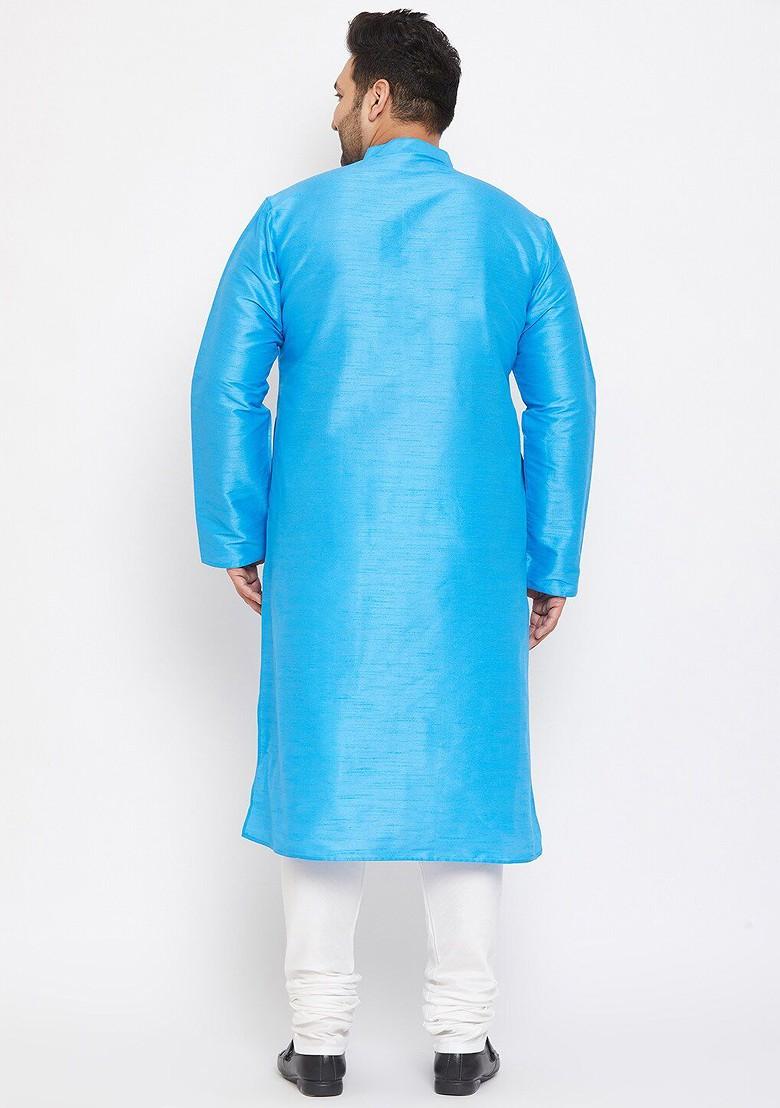 Blue Solid Poly Blend Kurta Set For Men