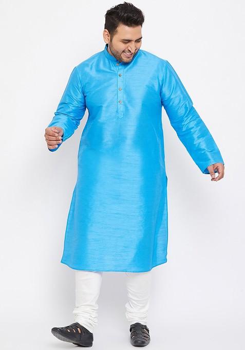 Blue Solid Poly Blend Kurta Set For Men