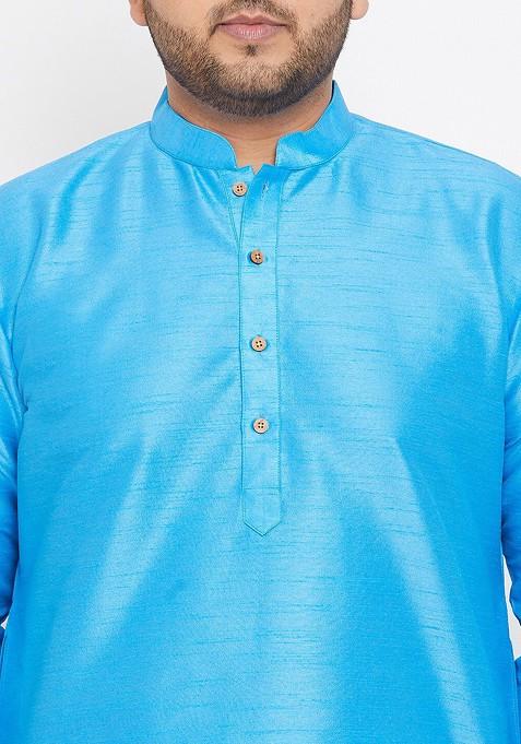 Blue Solid Poly Blend Kurta Set For Men