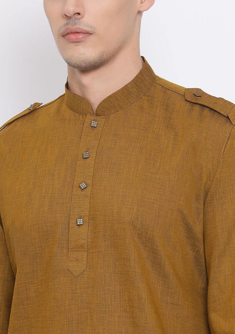 Olive Solid Poly Blend Kurta Set For Men