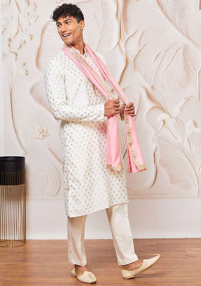 Cream Solid Poly Blend Kurta Set For Men - Indya