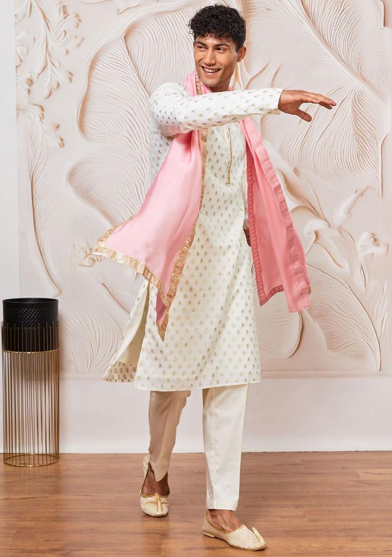 Cream Solid Poly Blend Kurta Set For Men