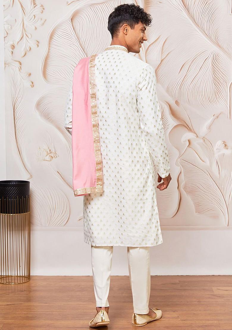Cream Solid Poly Blend Kurta Set For Men