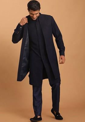 Navy Blue Woven Poly Blend Kurta Set For Men