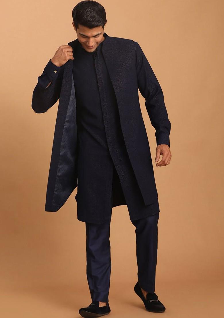 Navy Blue Woven Poly Blend Kurta Set For Men