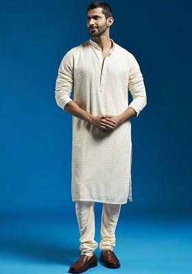 Cream Floral Print Georgette Kurta Set For Men