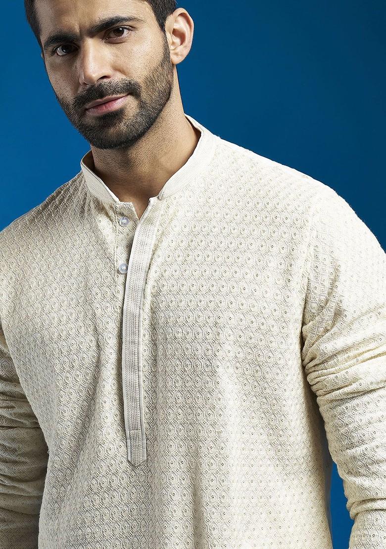 Cream Floral Print Georgette Kurta Set For Men