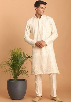 Cream Embroidered Poly Blend Kurta Set For Men