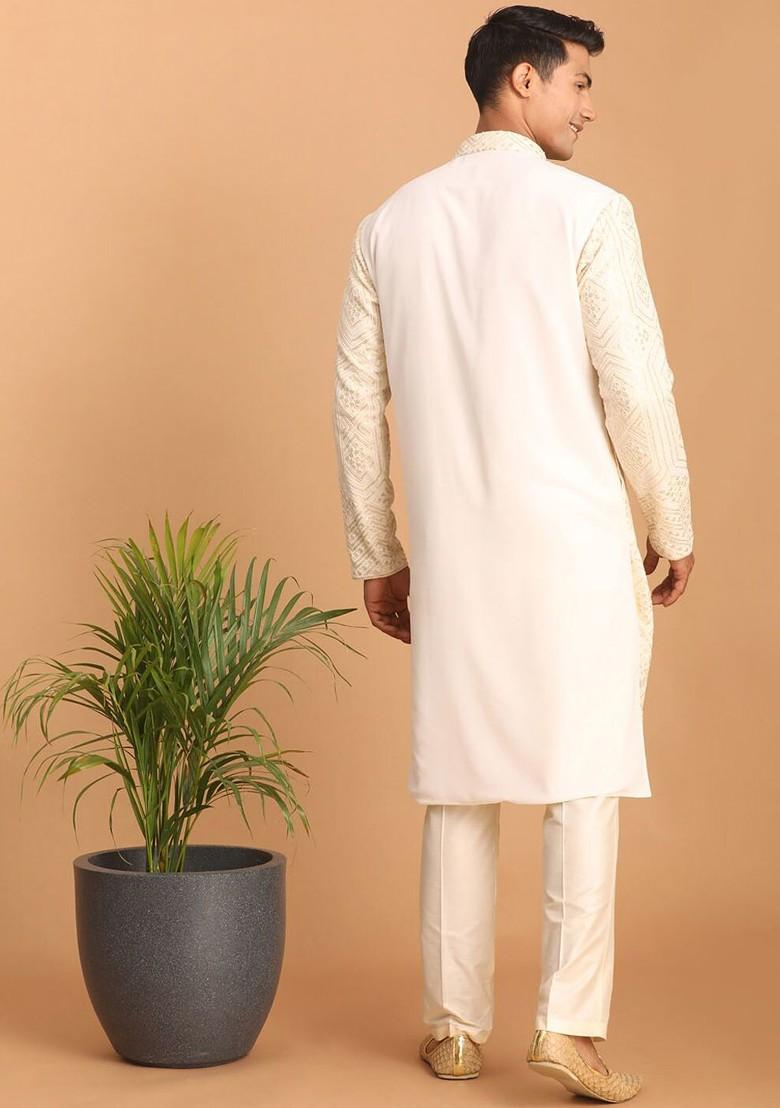 Cream Embroidered Poly Blend Kurta Set For Men
