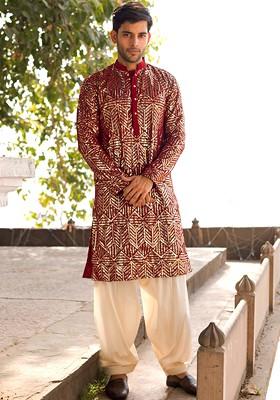 Maroon Embellished Poly Blend Kurta Set For Men