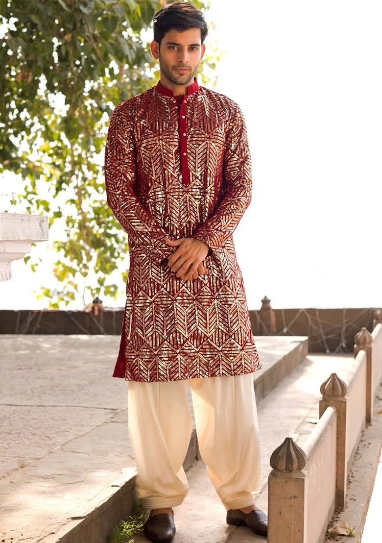 Maroon Embellished Poly Blend Kurta Set For Men