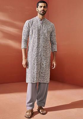 Lavender Floral Print Poly Blend Kurta Set For Men
