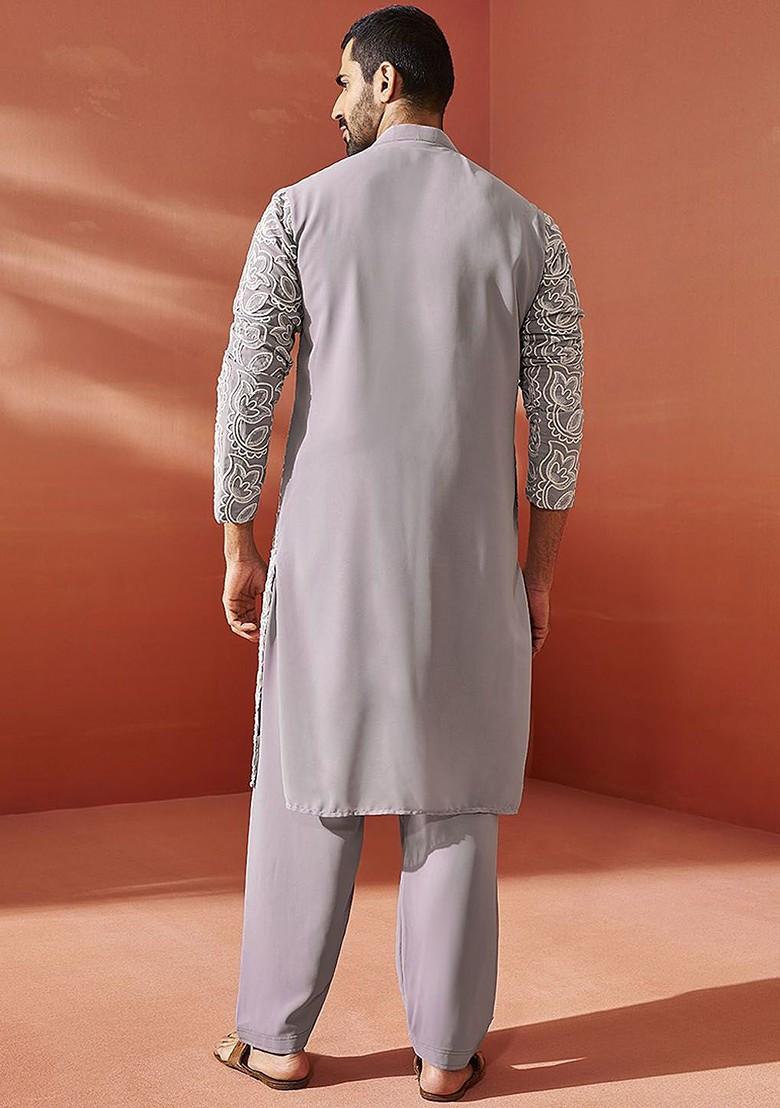 Lavender Floral Print Poly Blend Kurta Set For Men