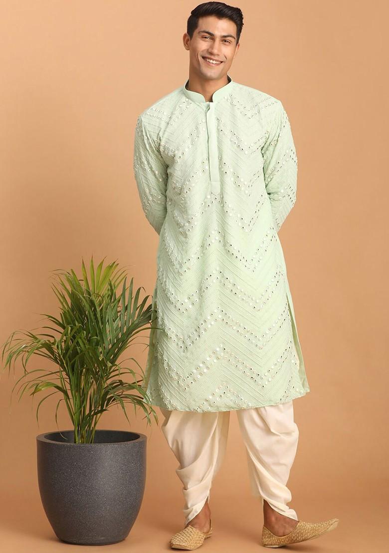 Green Embroidered Poly Blend Kurta Set For Men