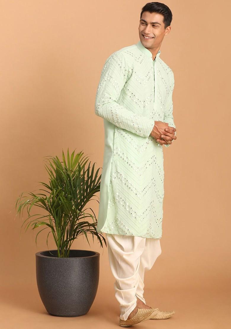 Green Embroidered Poly Blend Kurta Set For Men