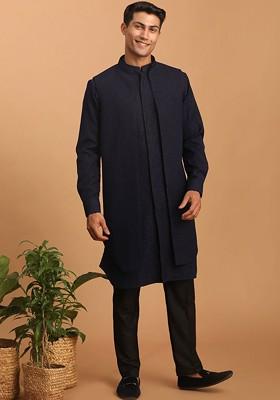 Navy Blue Printed Poly Blend Kurta Set For Men