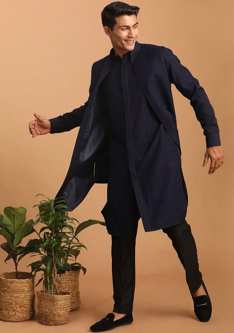 Navy Blue Printed Poly Blend Kurta Set For Men
