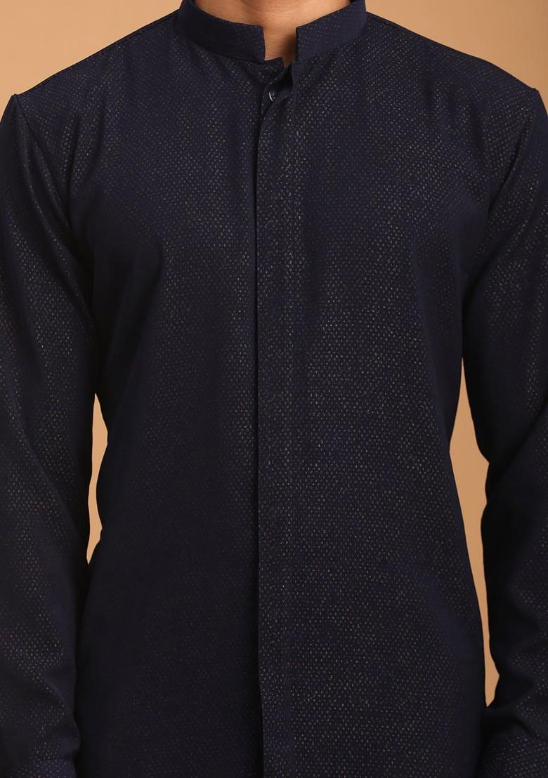 Navy Blue Printed Poly Blend Kurta Set For Men