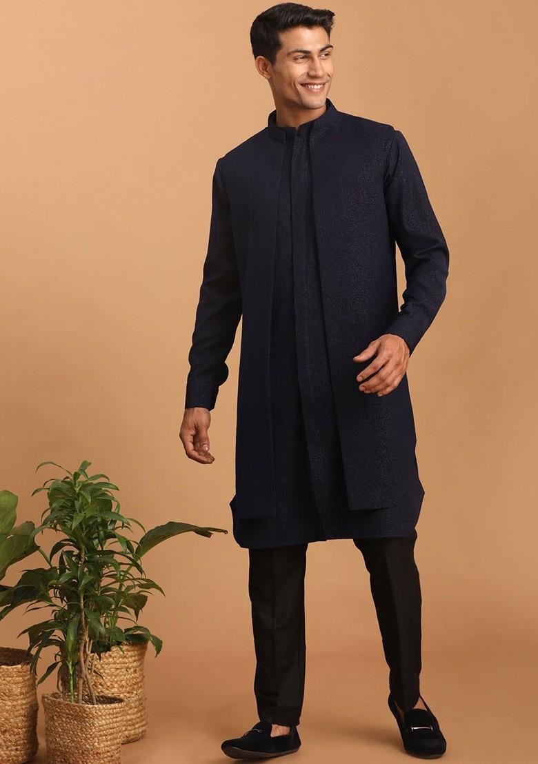 Navy Blue Printed Poly Blend Kurta Set For Men