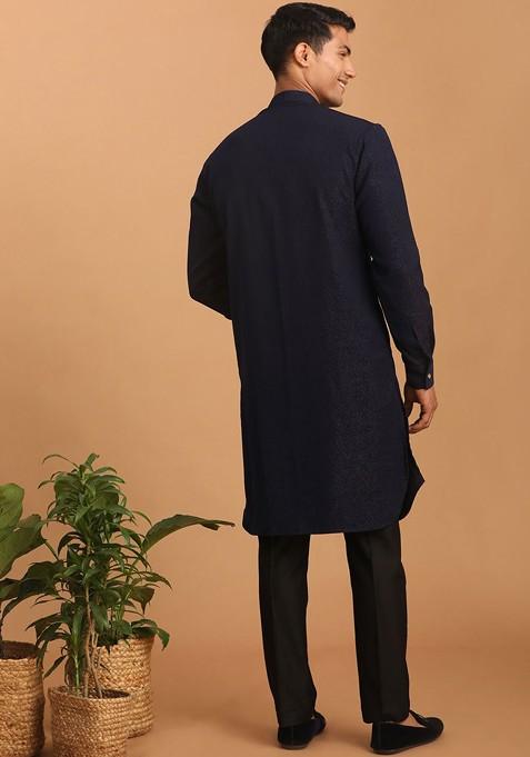 Navy Blue Printed Poly Blend Kurta Set For Men