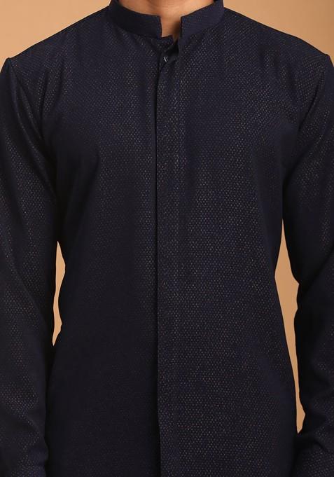 Navy Blue Printed Poly Blend Kurta Set For Men