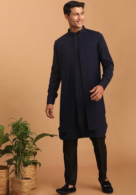 Navy Blue Printed Poly Blend Kurta Set For Men