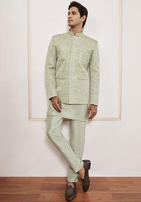 Sea Green Solid Poly Blend Kurta Set For Men