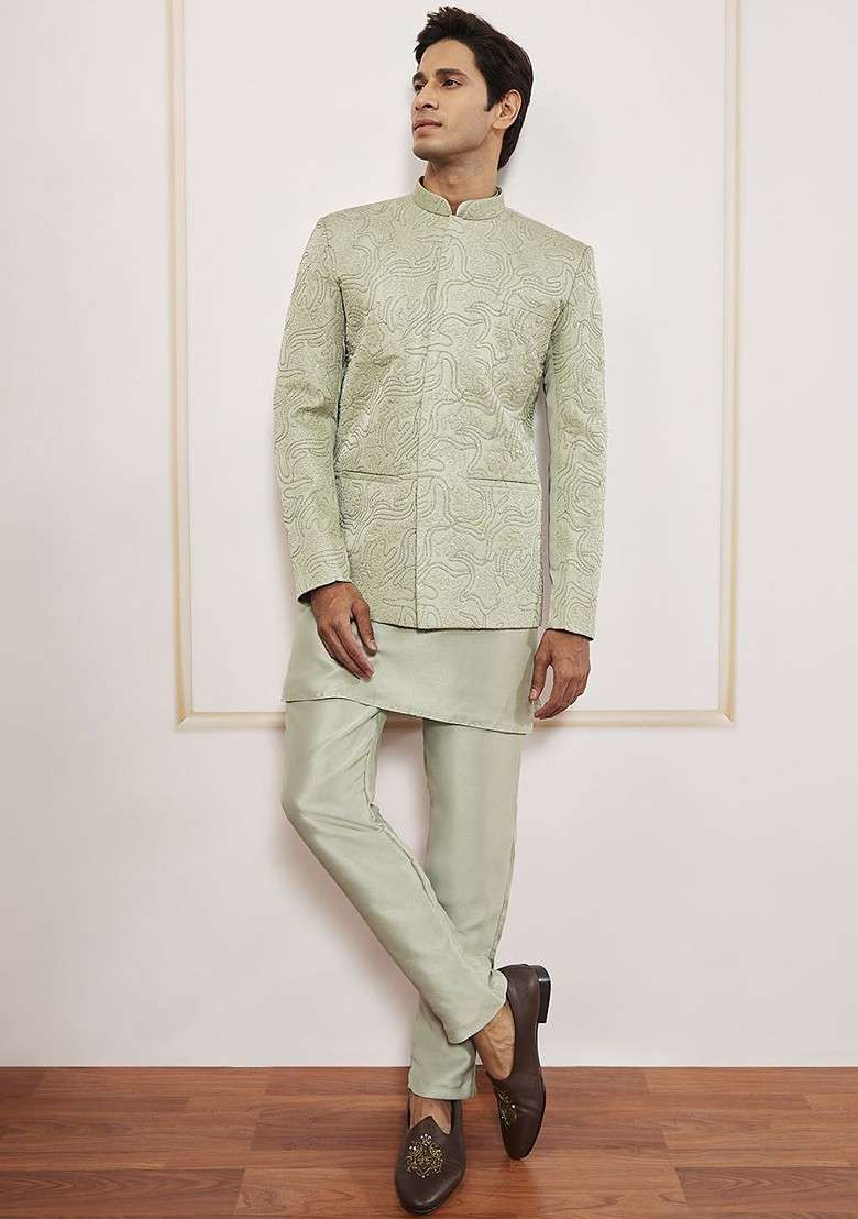 Sea Green Solid Poly Blend Kurta Set For Men - Indya
