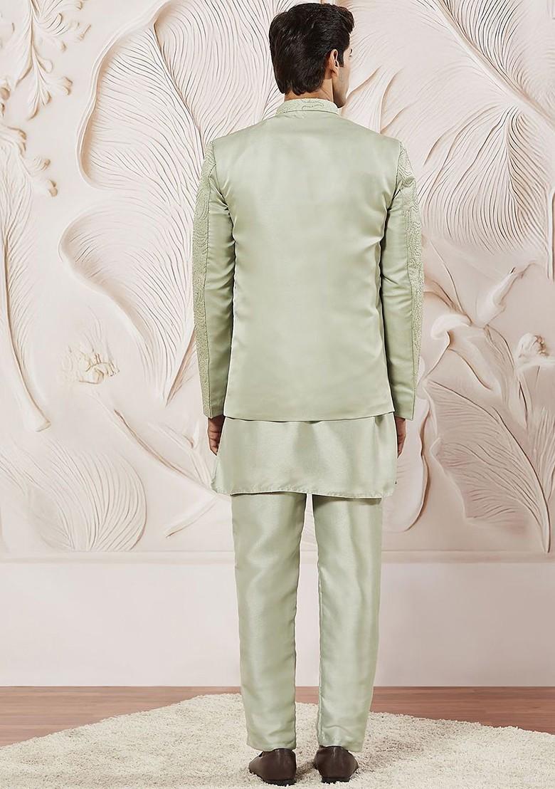 Sea Green Solid Poly Blend Kurta Set For Men