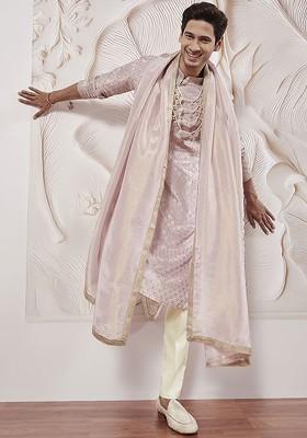 Lavender Floral Print Poly Blend Kurta Set For Men