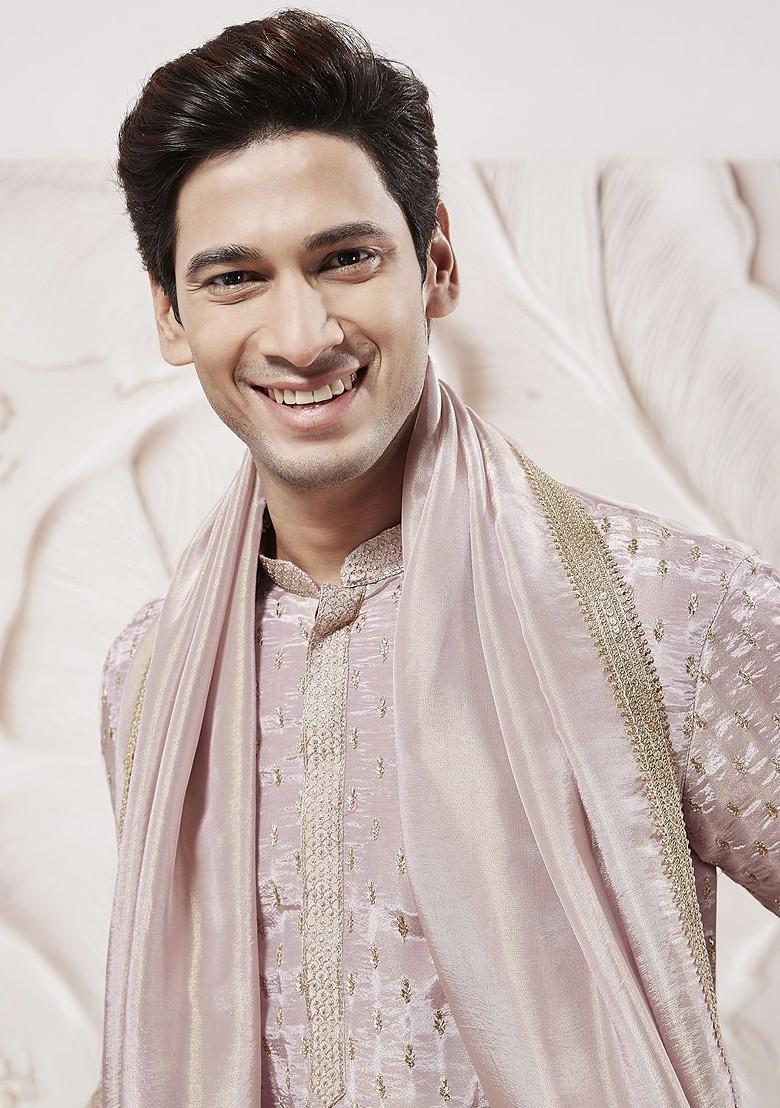 Lavender Floral Print Poly Blend Kurta Set For Men