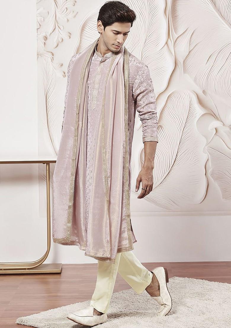 Lavender Floral Print Poly Blend Kurta Set For Men