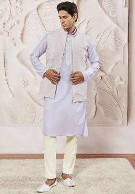 Lavender Embroidered Poly Blend Kurta Set For Men
