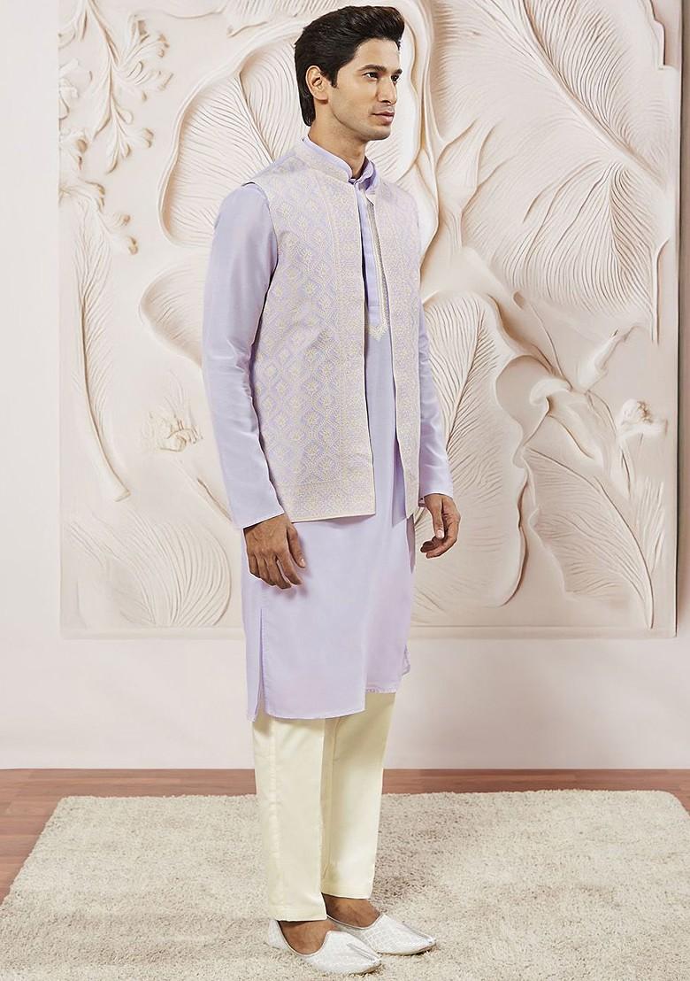 Lavender Embroidered Poly Blend Kurta Set For Men