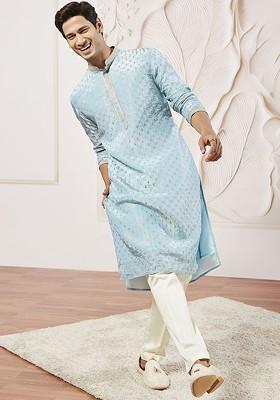 Blue Floral Print Poly Blend Kurta Set For Men