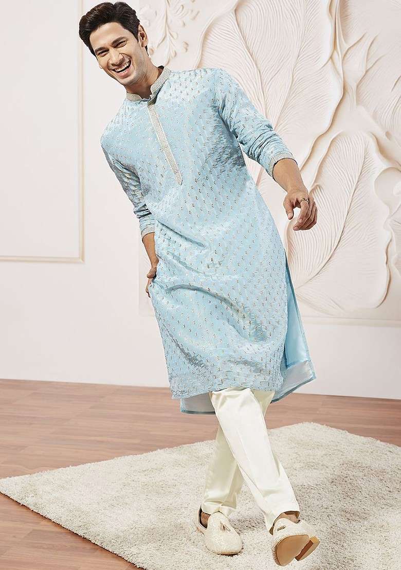 Blue Floral Print Poly Blend Kurta Set For Men - Indya