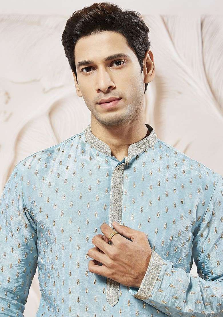 Blue Floral Print Poly Blend Kurta Set For Men - Indya