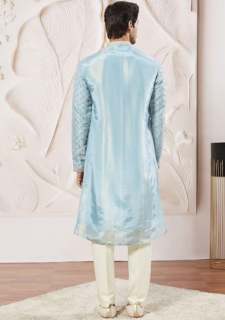 Blue Floral Print Poly Blend Kurta Set For Men
