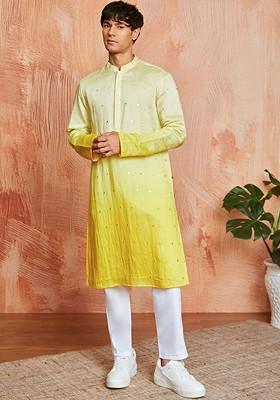 Yellow Tie And Dye Silk Kurta Set For Men