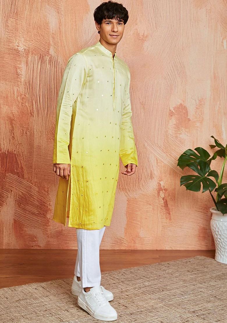 Yellow Tie And Dye Silk Kurta Set For Men