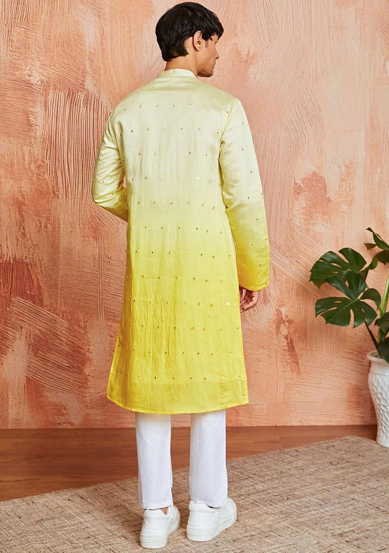 Yellow Tie And Dye Silk Kurta Set For Men