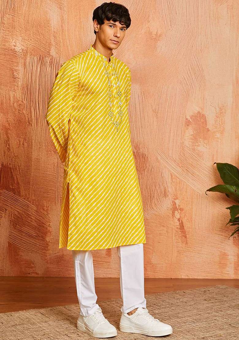 Yellow Printed Poly Blend Kurta Set For Men - Indya