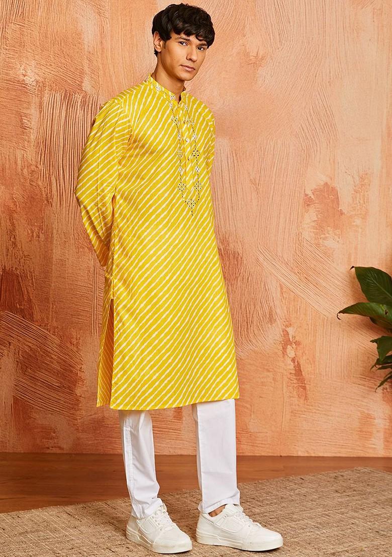 Yellow Printed Poly Blend Kurta Set For Men