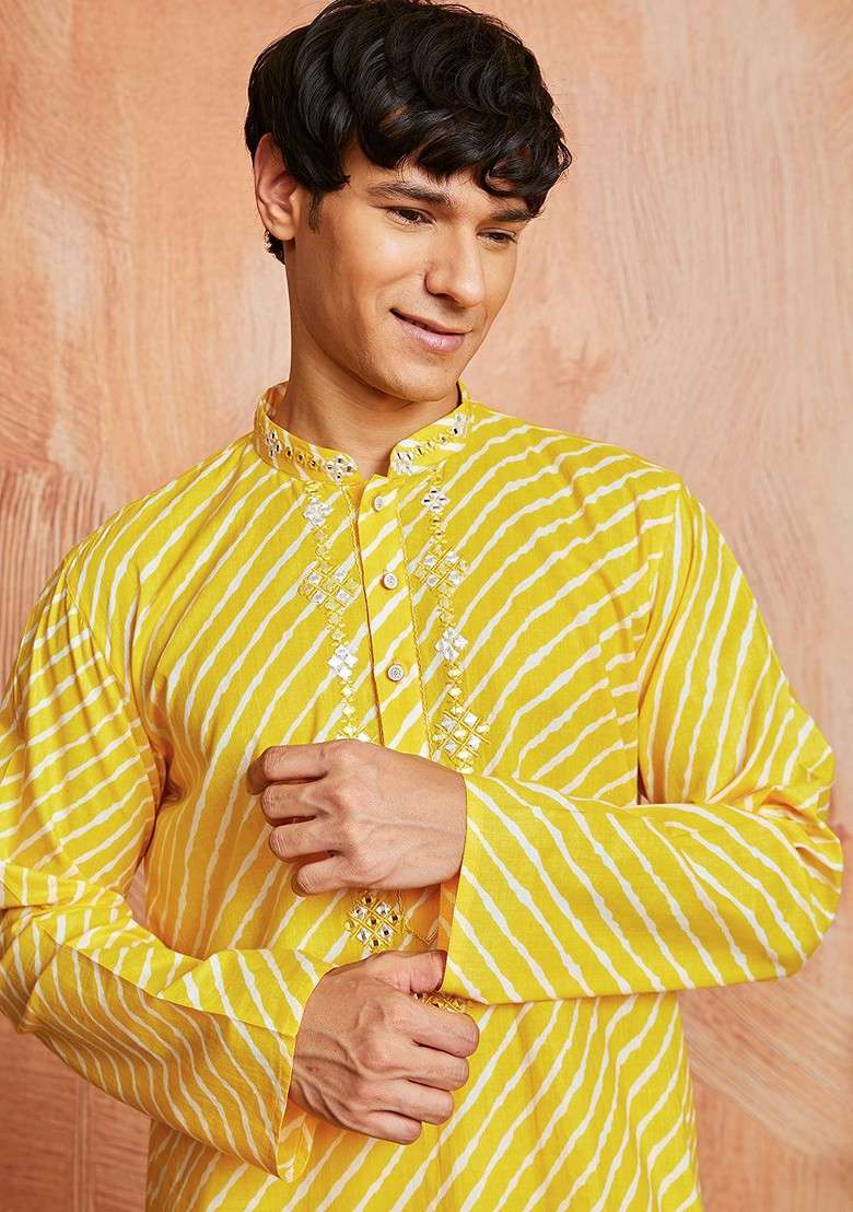 Yellow Printed Poly Blend Kurta Set For Men - Indya
