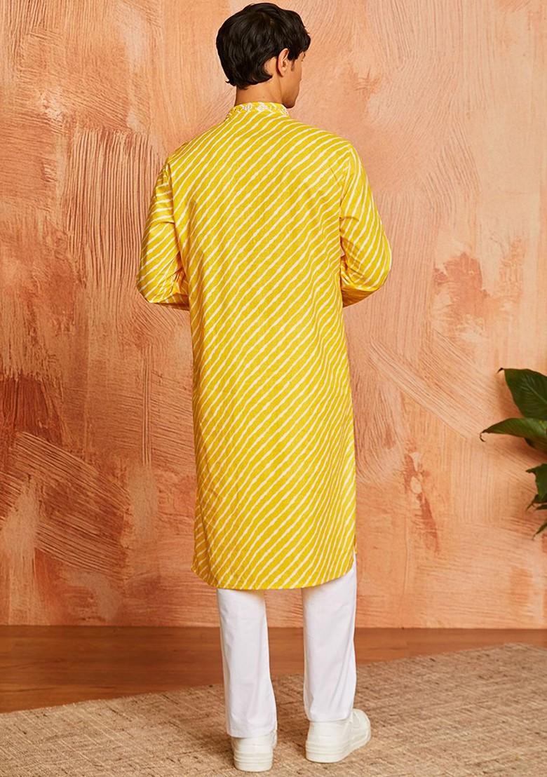 Yellow Printed Poly Blend Kurta Set For Men