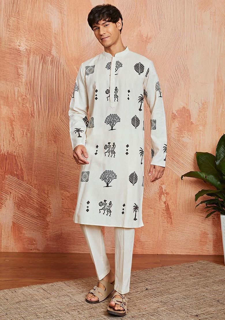 Grey Ethnic Motifs Poly Blend Kurta Set For Men