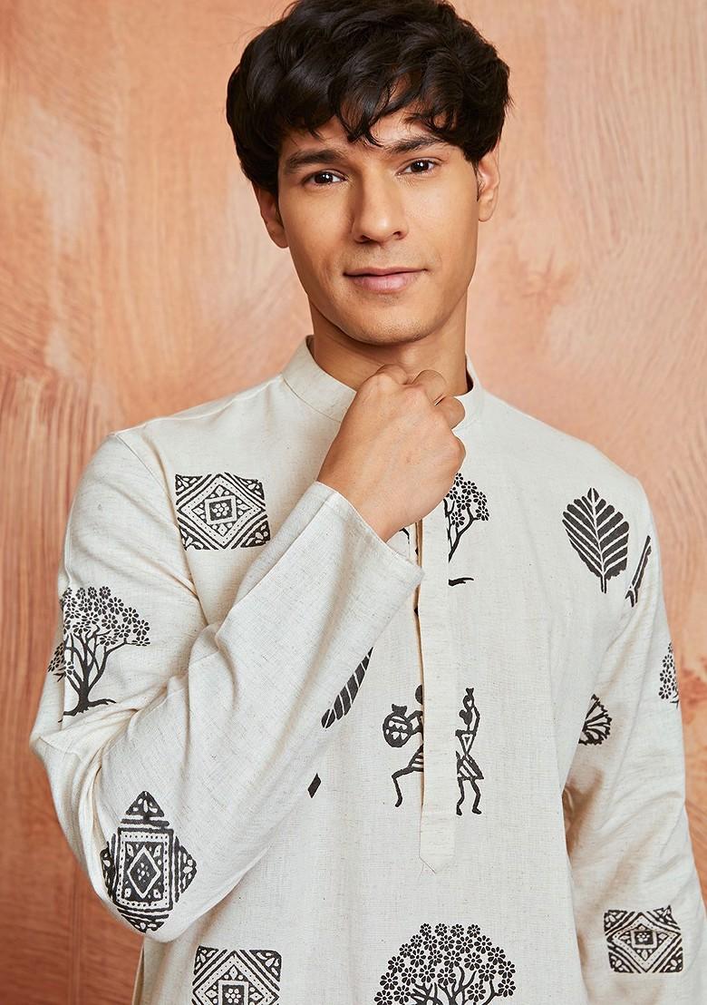 Grey Ethnic Motifs Poly Blend Kurta Set For Men